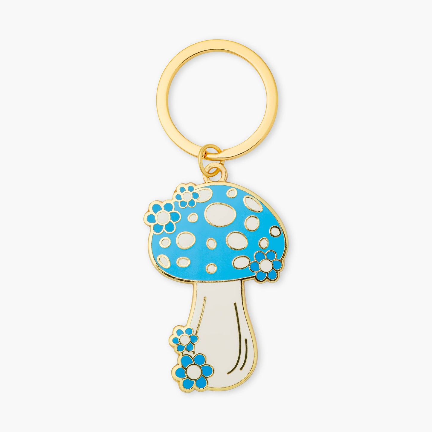 Mushroom-shaped keychain with blue top and white stem on a white background