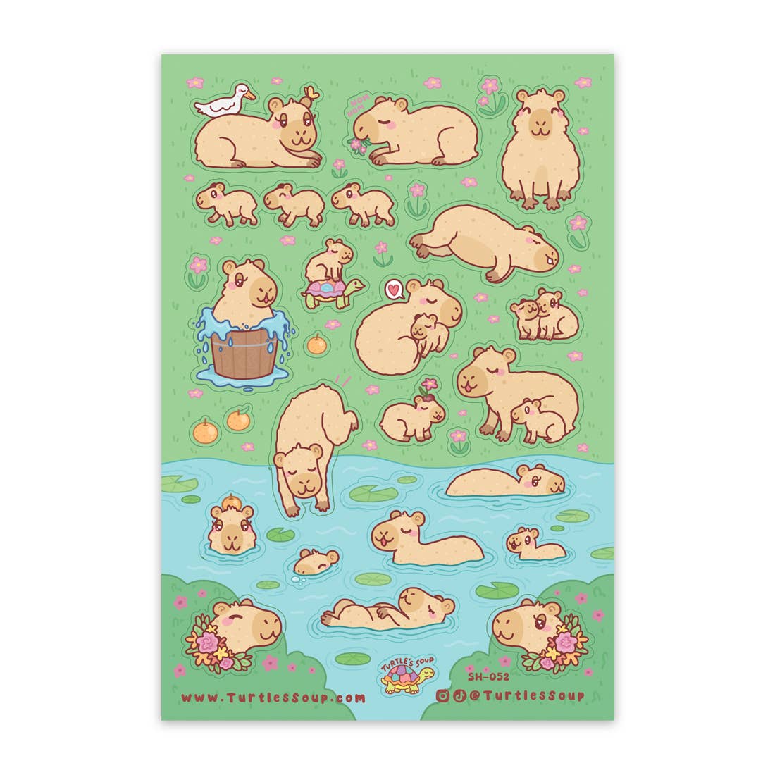 Sheet of stickers with cartoon capybaras on a green and blue background