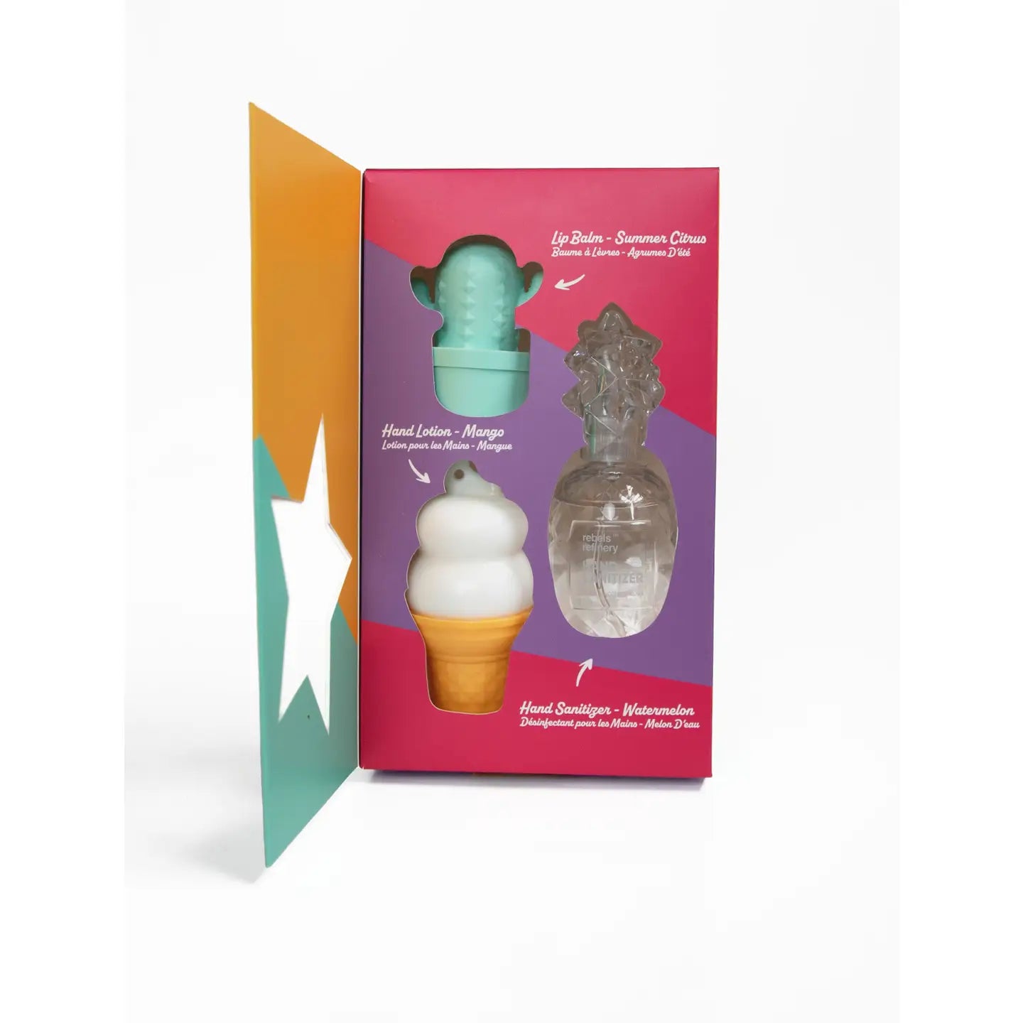 Set of ice cream hand lotion, watemelon hand sanitizer, and cactus lip blam