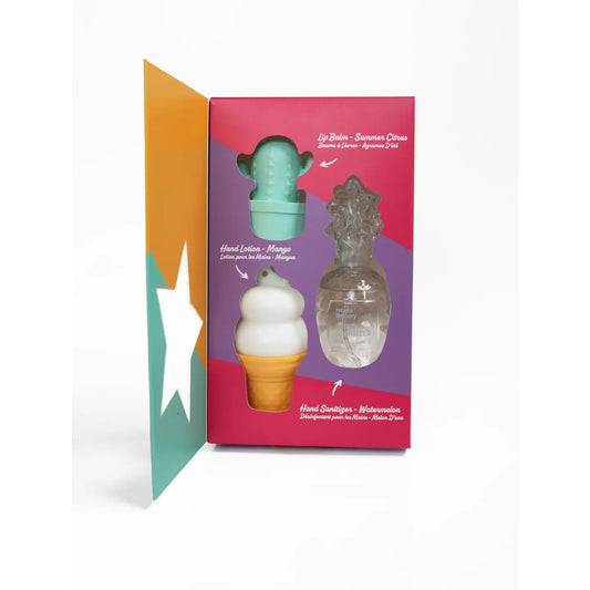 Set of ice cream hand lotion, watemelon hand sanitizer, and cactus lip blam