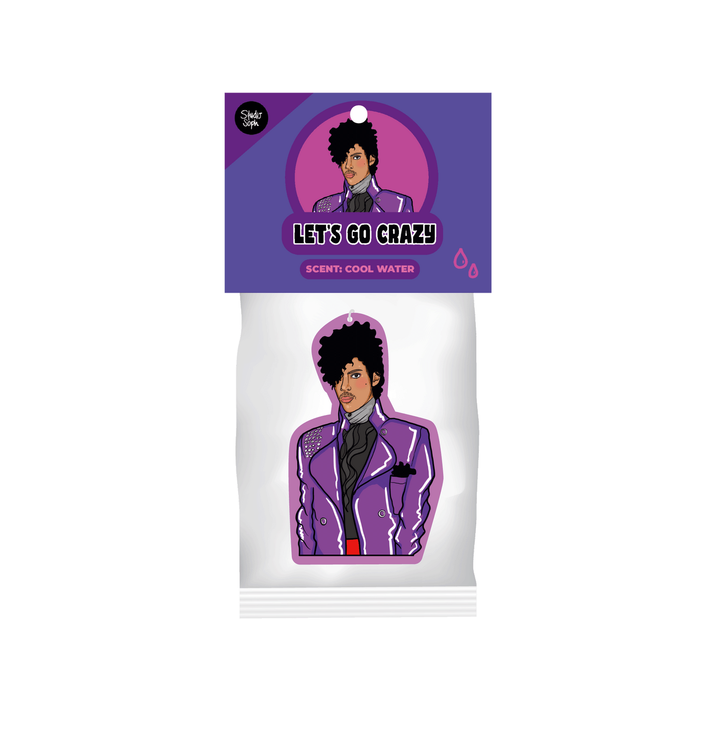 Product packaging with Prince in a purple suit and 'Let's Go Crazy' text on a white background