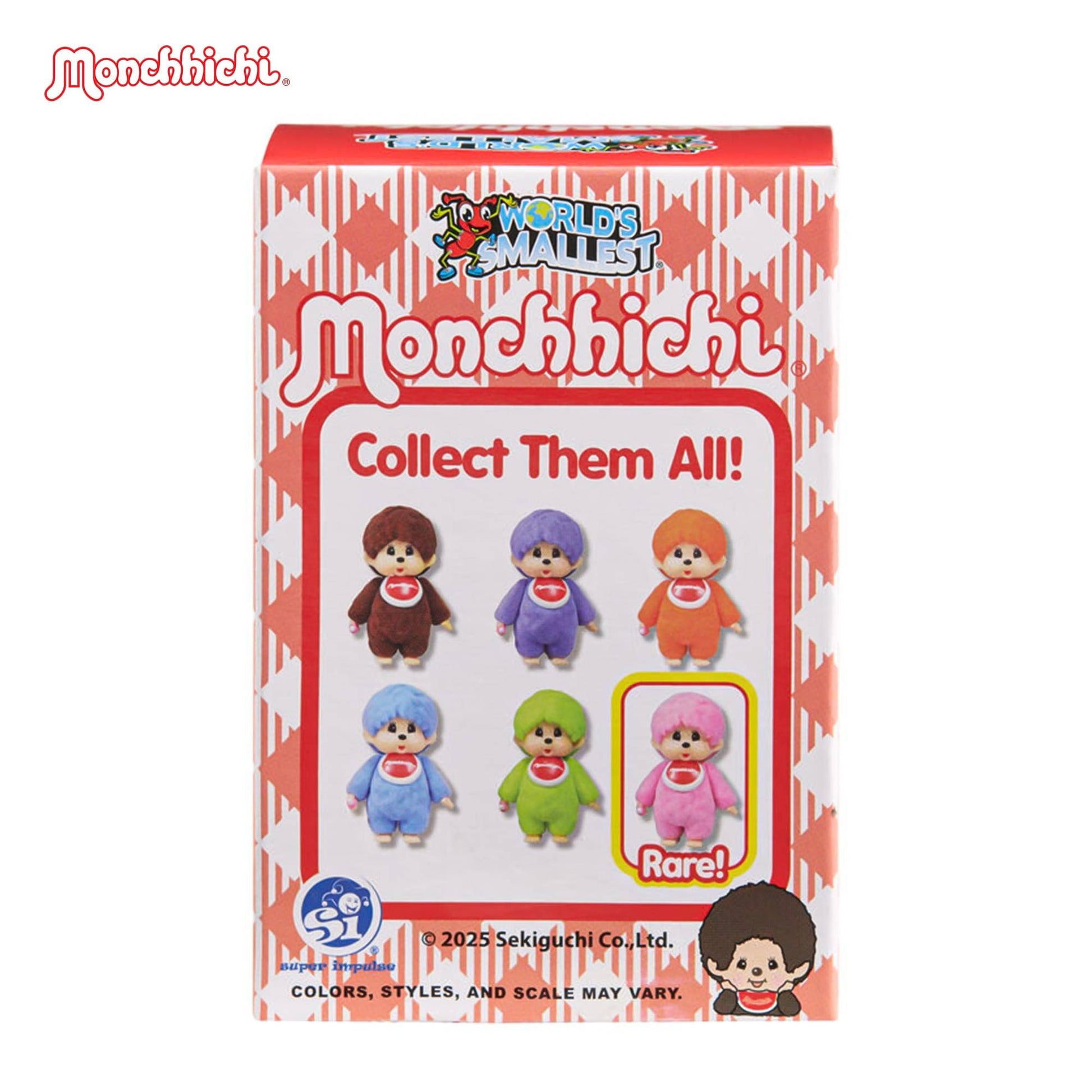 Box of World's Smallest Monchhichi figures with colorful packaging and branding.