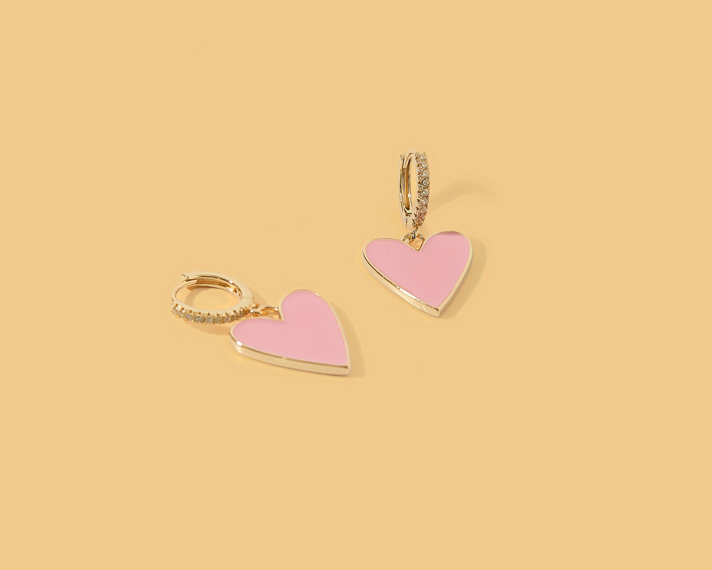 Huggie Earrings - Pink Enamel Heart Charms