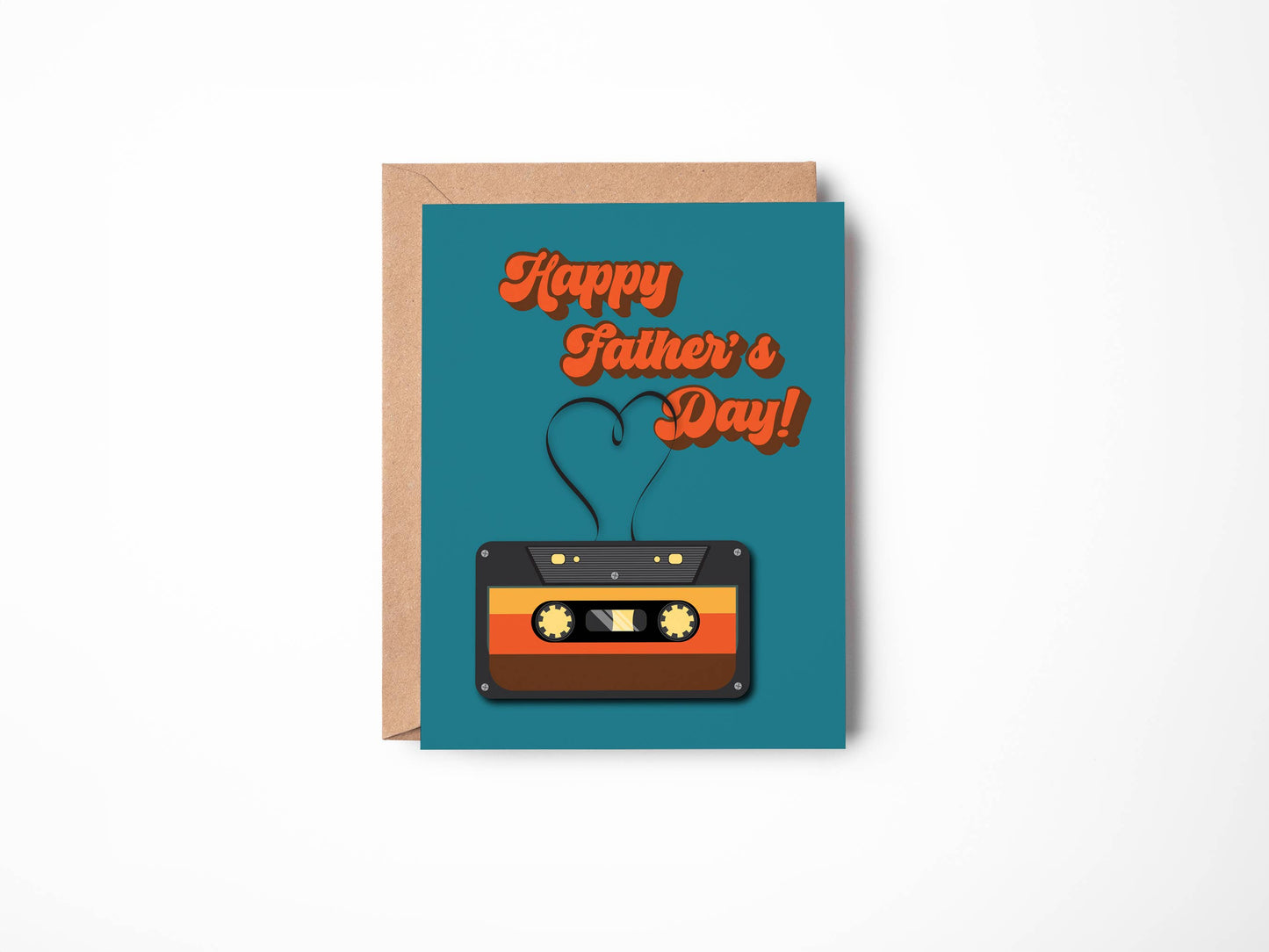 Father's Day card with cassette tape design and 'Happy Father's Day!' text on a teal background.
