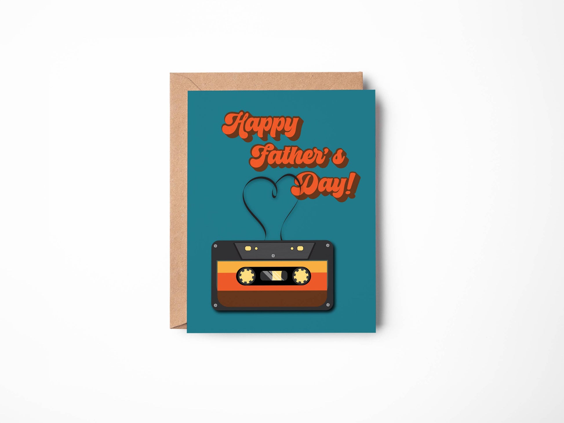 Father's Day card with cassette tape design and 'Happy Father's Day!' text on a teal background.