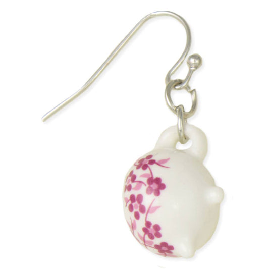 Tiny Teapot Pink Flower Ceramic Earrings