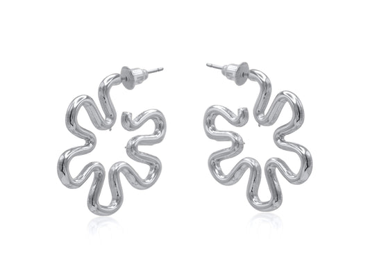 Silver floral hoop earrings on a white background