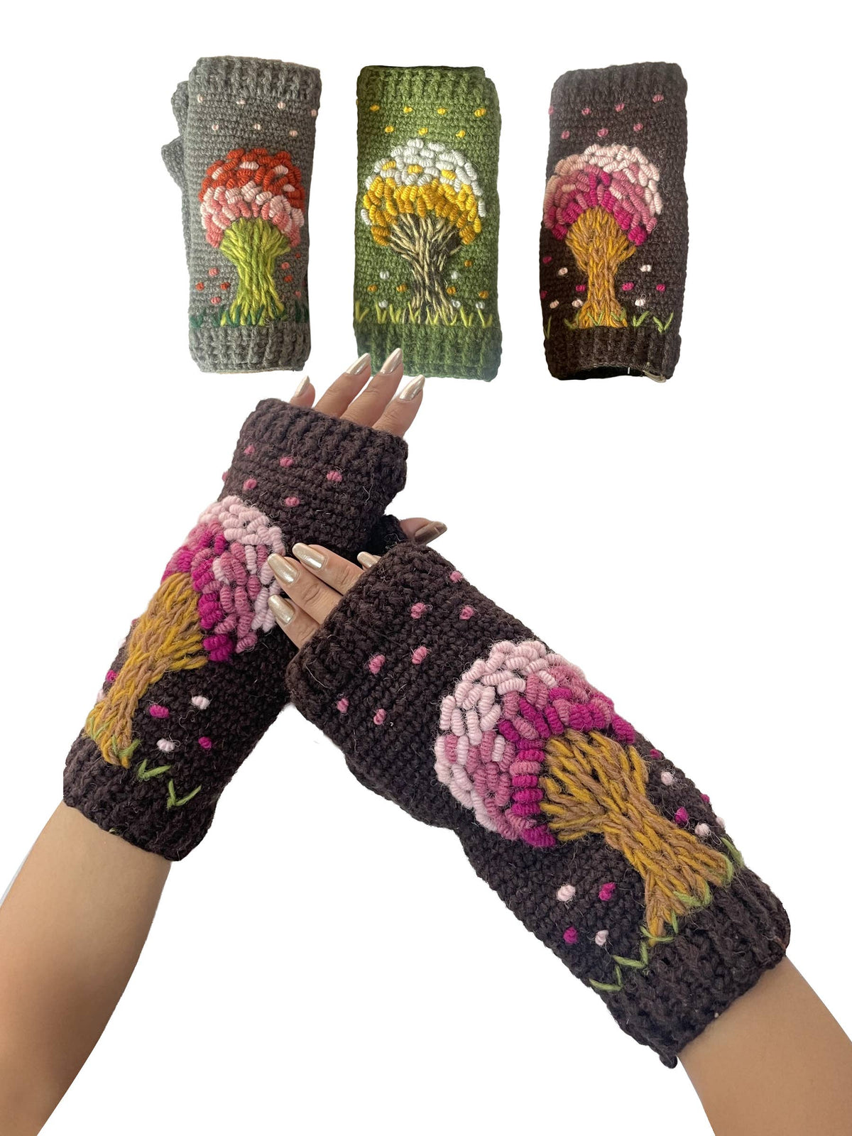 Whimsical Tree of Life Fingerless Gloves Hand Embroidered
