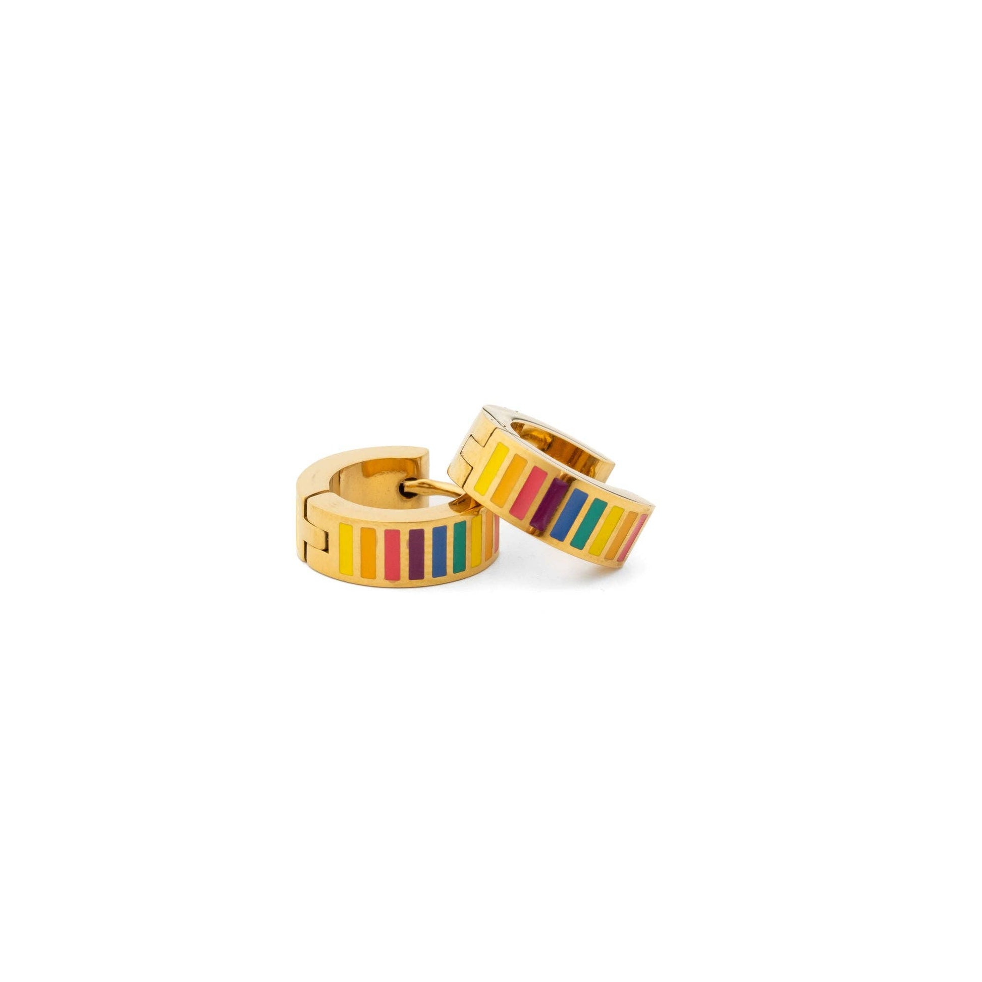 Gold hoop earrings with rainbow striped design on a white background