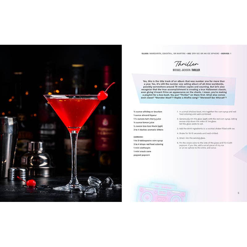 Red cocktail in a martini glass with a cherry on top, set against a bar background.