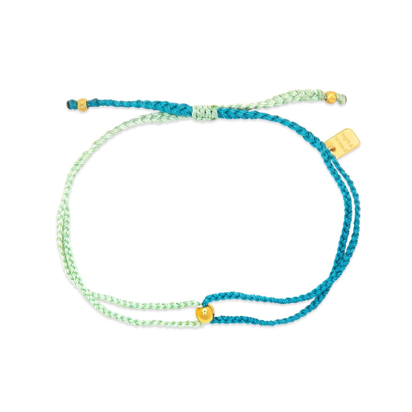 Blue and green braided bracelet with gold clasp on a white background