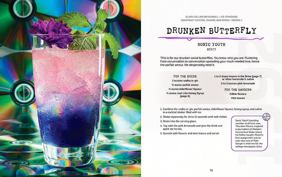 Colorful cocktail with a garnish on a vibrant background, accompanied by a recipe card for 'Drunken Butterfly' cocktail.