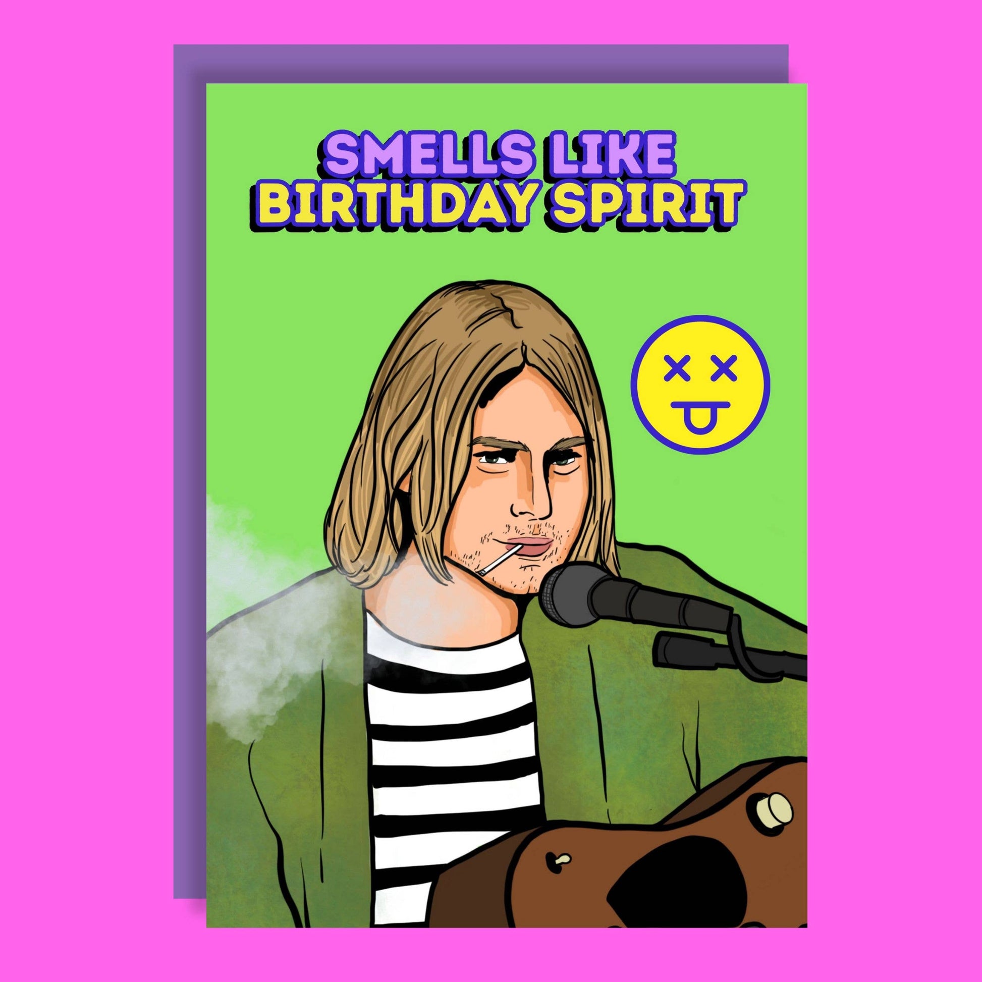 Greeting card with a person smoking and text 'Smells Like Birthday Spirit' on a green background