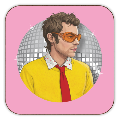 Illustration of Harry Styles wearing sunglasses and a yellow shirt with a pink background