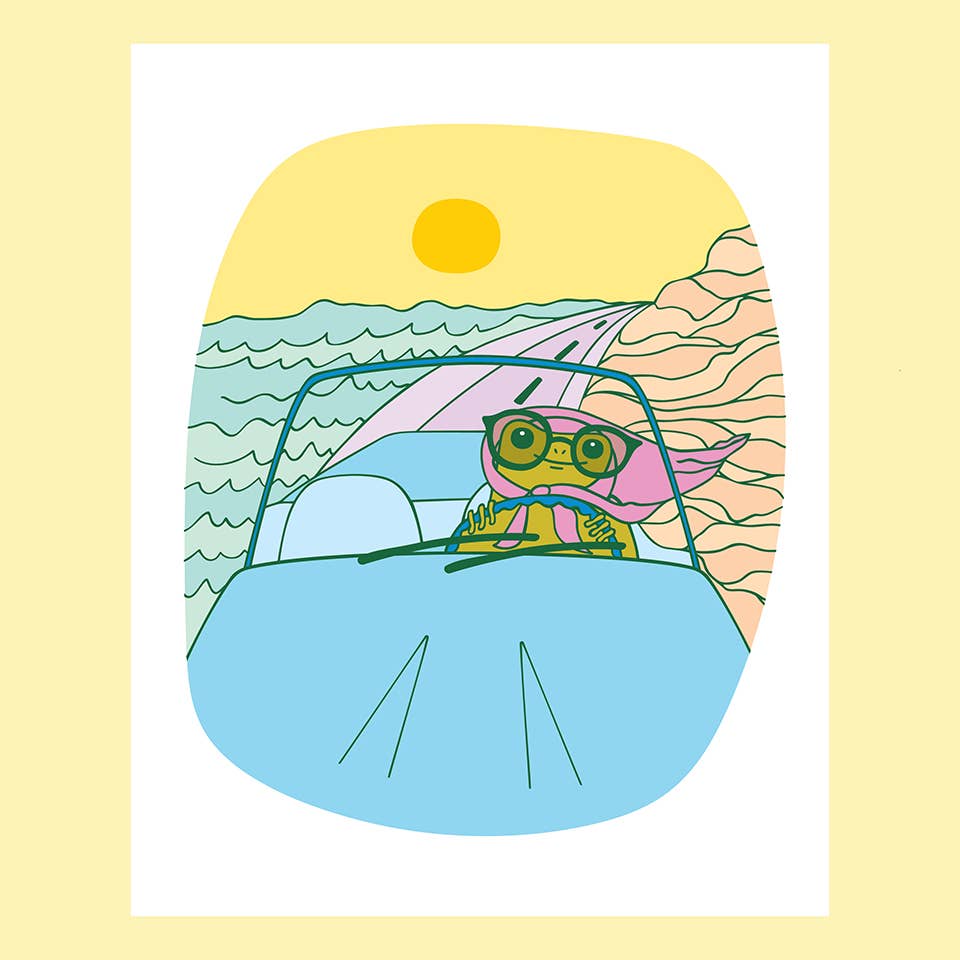 Illustration of a frog driving a car with a scenic background on a yellow border