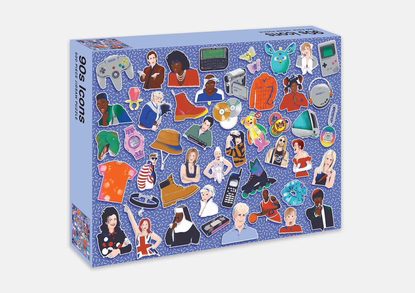 Puzzle box with illustrations of 80s-themed items on a blue background