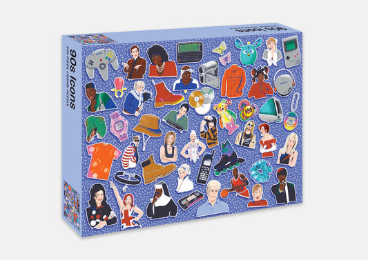 Puzzle box with illustrations of 80s-themed items on a blue background