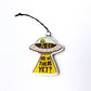 Alien spaceship air freshener with 'Are we there yet?' text on a white background