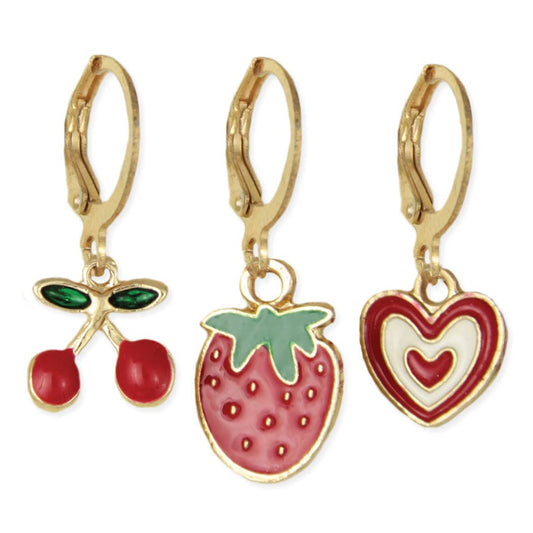 Sweet Set Cherry Strawberry Heart Hoop Earrings