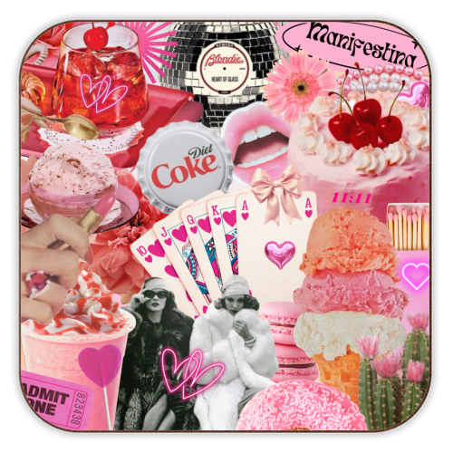 Colorful collage coaster with pink-themed elements including ice cream, cards, and vintage-style images.