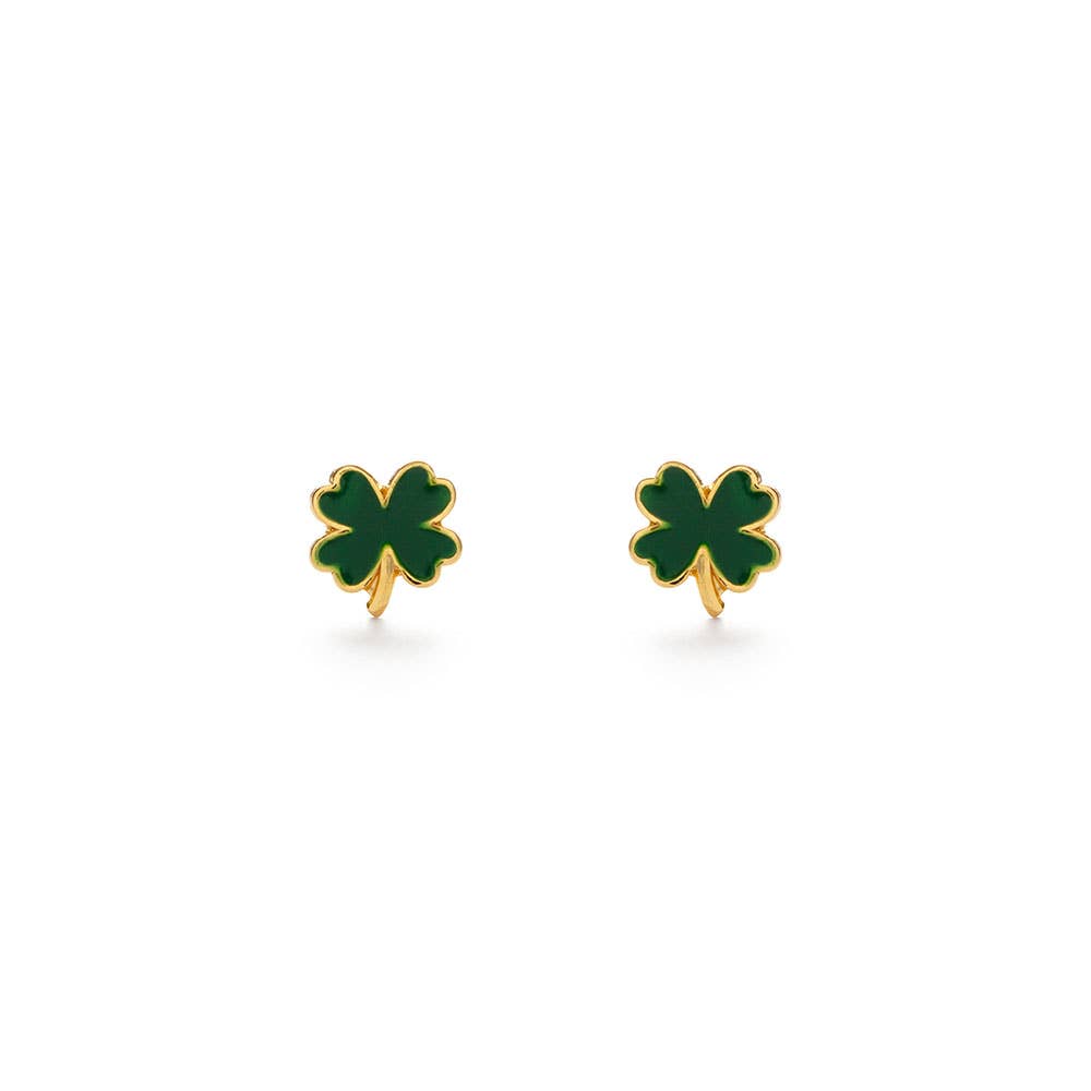 Green shamrock gold stud earrings on a white background