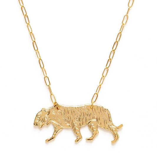 Gold tiger pendant chain necklace on a white background