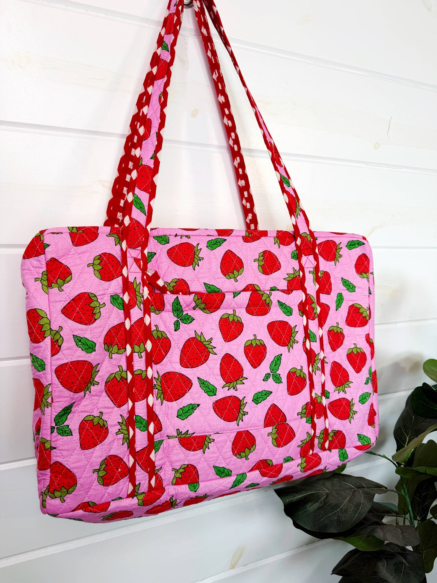 Quilted Duffle Bag | Weekender Overnight Bag | Strawberry
