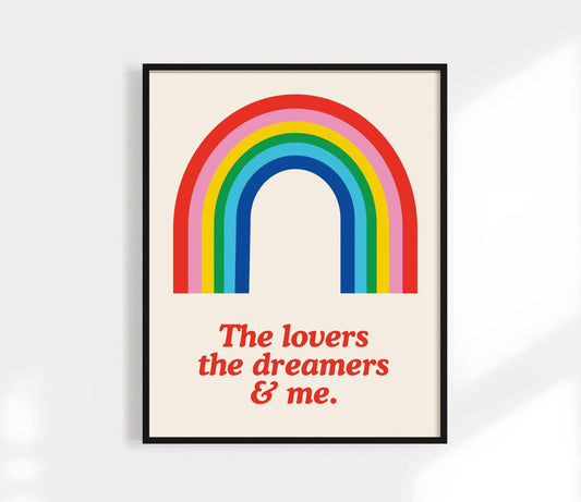 Framed poster with a rainbow and text on a white background