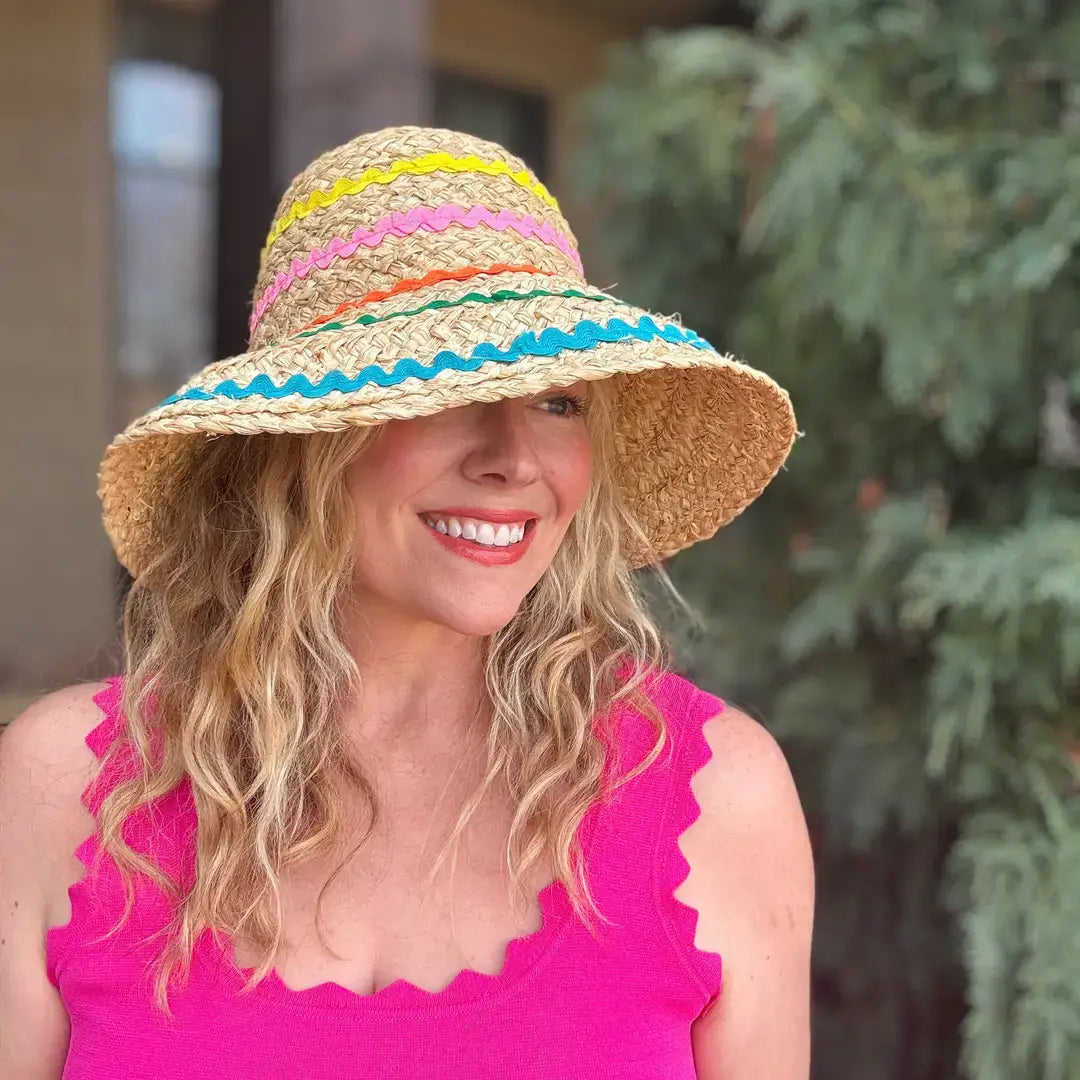 Raffia Bucket Hat with Colorful Ribbon Trim
