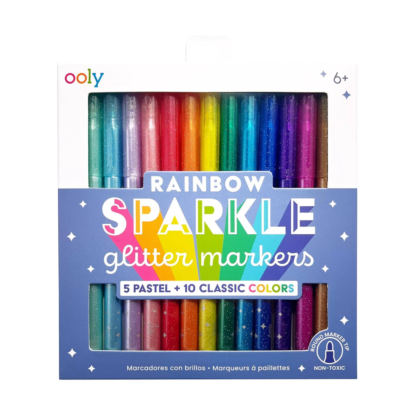 Packaging of rainbow sparkle glitter markers with Ooly branding on a white background