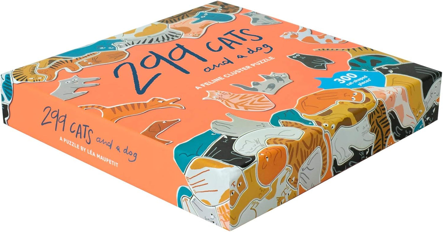 Board game box with illustrations of cats and a dog on an orange background