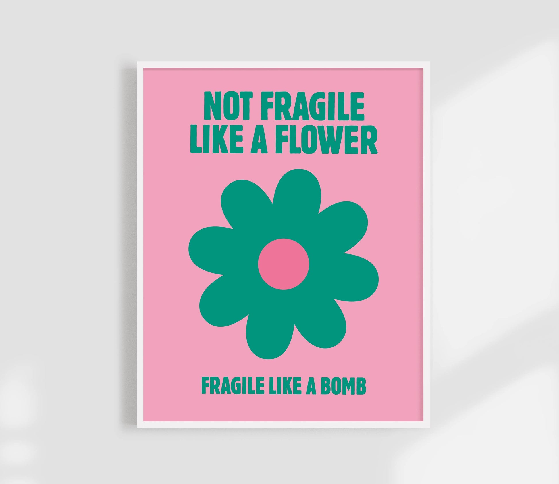 Poster with a green flower and text on a pink background