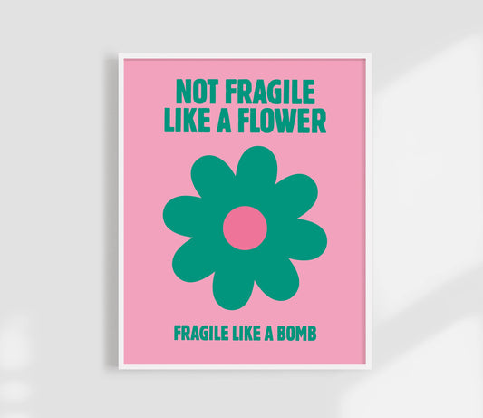 Poster with a green flower and text on a pink background