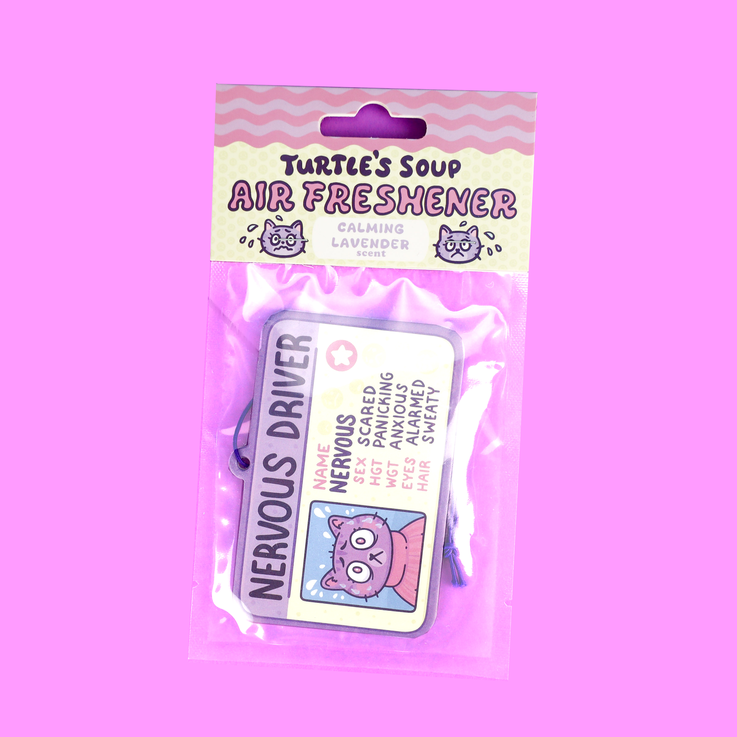 Air freshener packaging with 'Turtles Soup' branding on a pink background