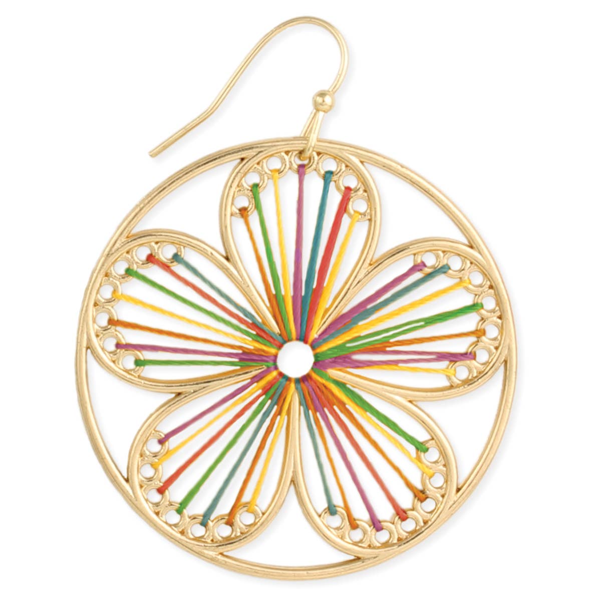 Gold earring with colorful string design on a white background