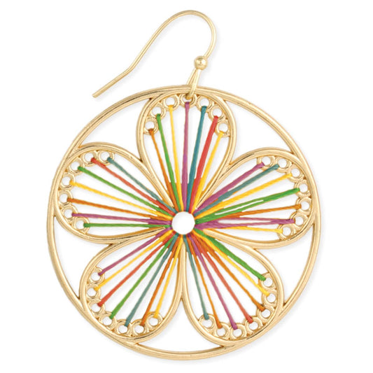 Gold earring with colorful string design on a white background