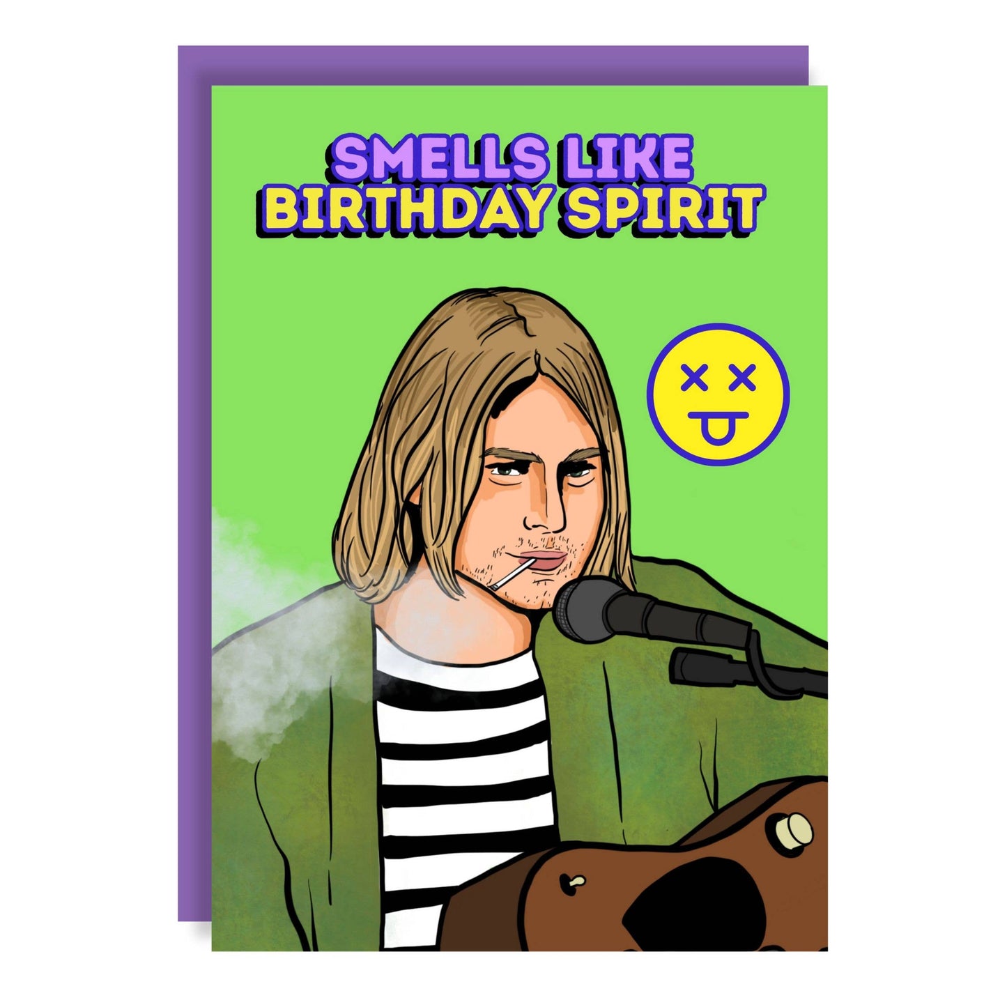 Greeting card with a person smoking a cigarette and text 'Smells Like Birthday Spirit' on a green background.