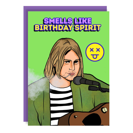 Greeting card with a person smoking a cigarette and text 'Smells Like Birthday Spirit' on a green background.