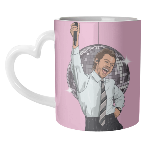 Mug with a design of Harry Styles holding a disco ball on a pink background