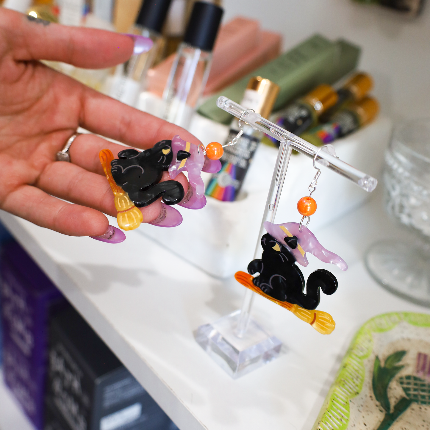 Witch's Black Cat Witchy Acetate Dangle Earrings