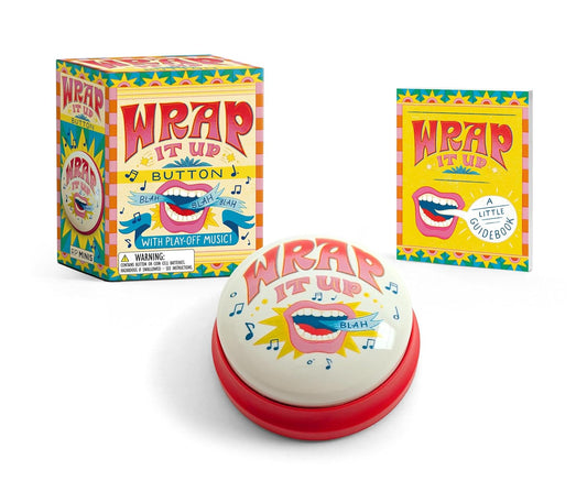 Button with 'Wrap It Up' design and packaging on a white background