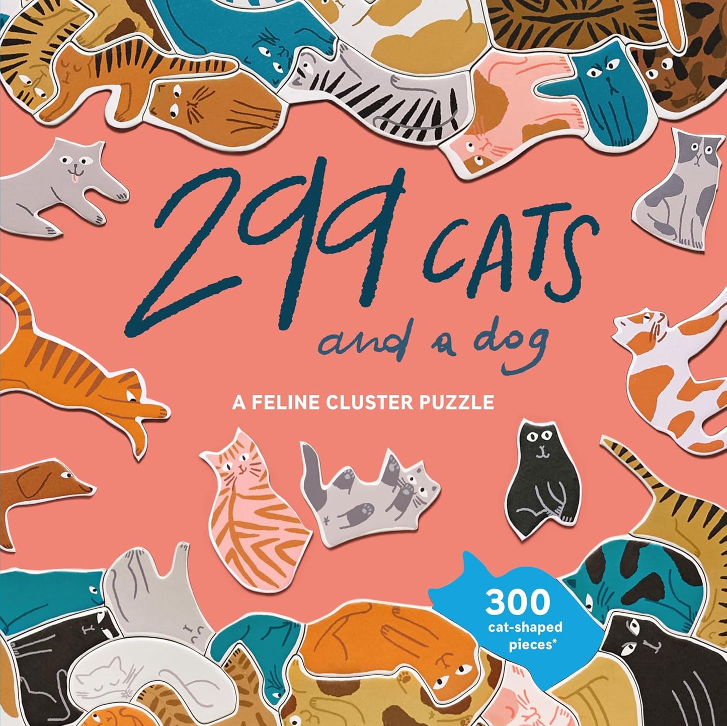 Cover of a feline cluster puzzle titled '299 Cats and a Dog' with cat illustrations on a pink background.
