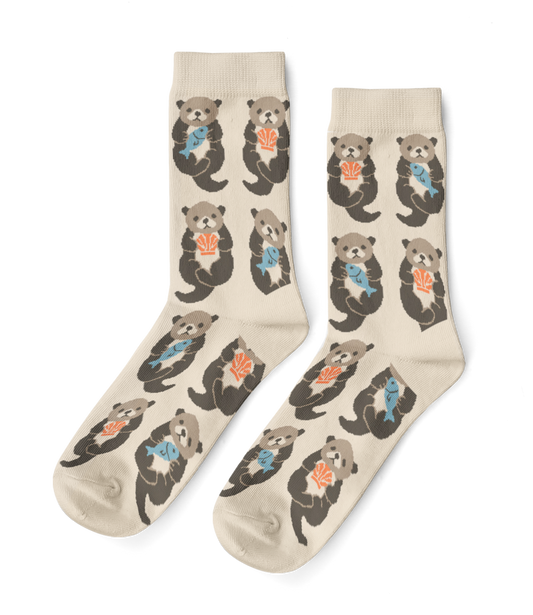 Beige socks with otter illustrations on a white background
