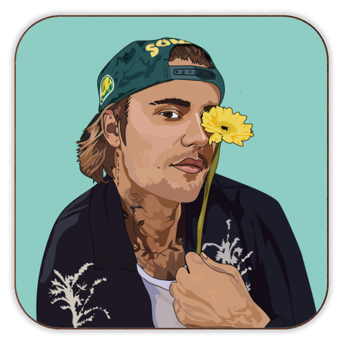 Illustration of a Justin Bieber holding a yellow flower against a light blue background