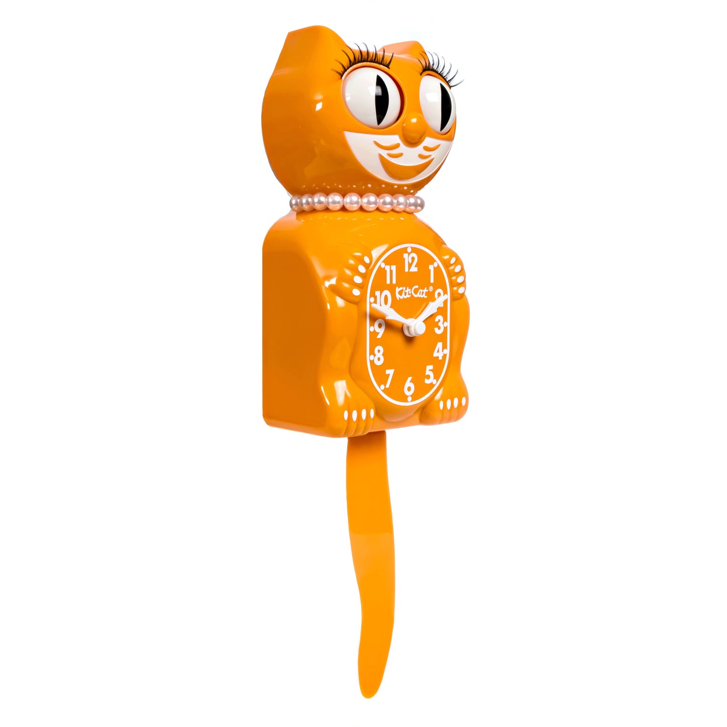 Orange clock shaped like a cat with a long tail on a white background