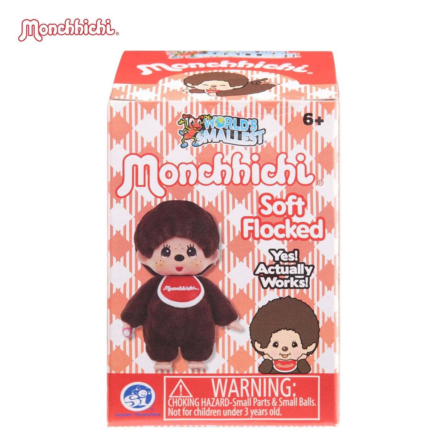 Monchhichi soft toy packaging with branding and product details on a white background