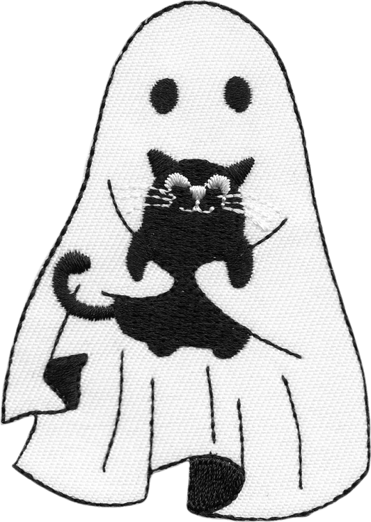 Patch - Spooky Ghost Holding A Cute Black Cat Kitten