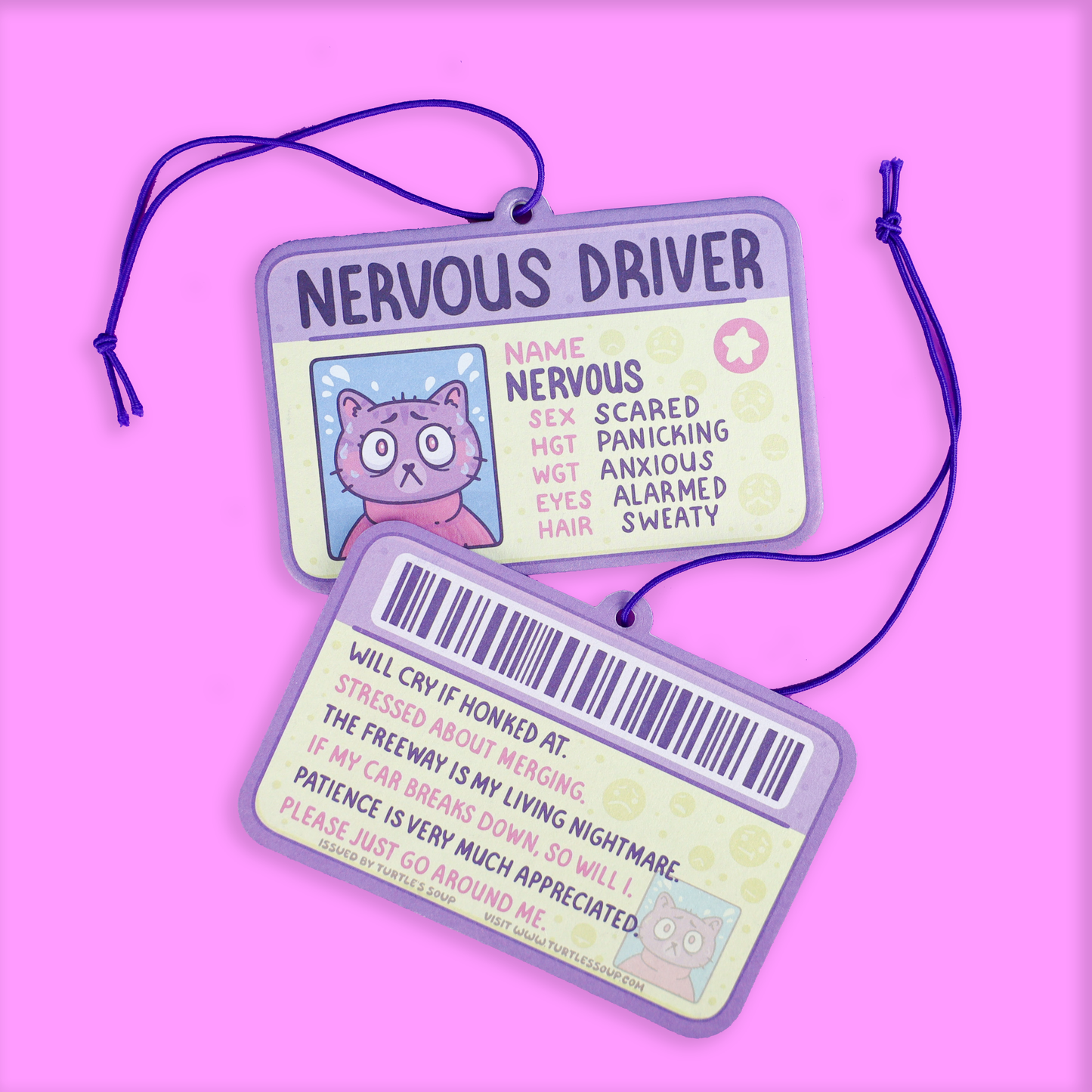 Cartoon driver's license car air freshener with 'Nervous Driver' text on a pink background