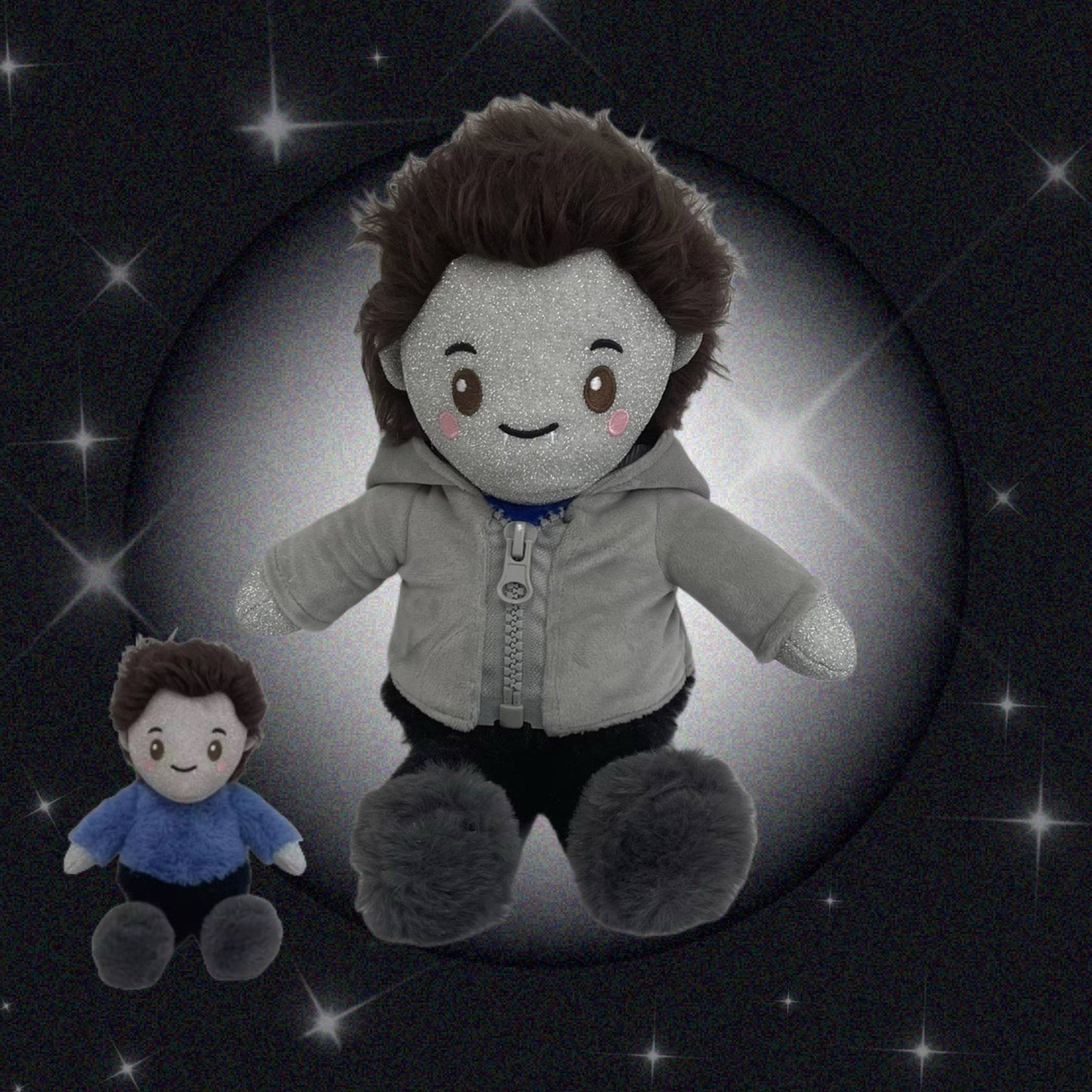Plush toys resembling Edward from Twilight with a dark background and star-like lights