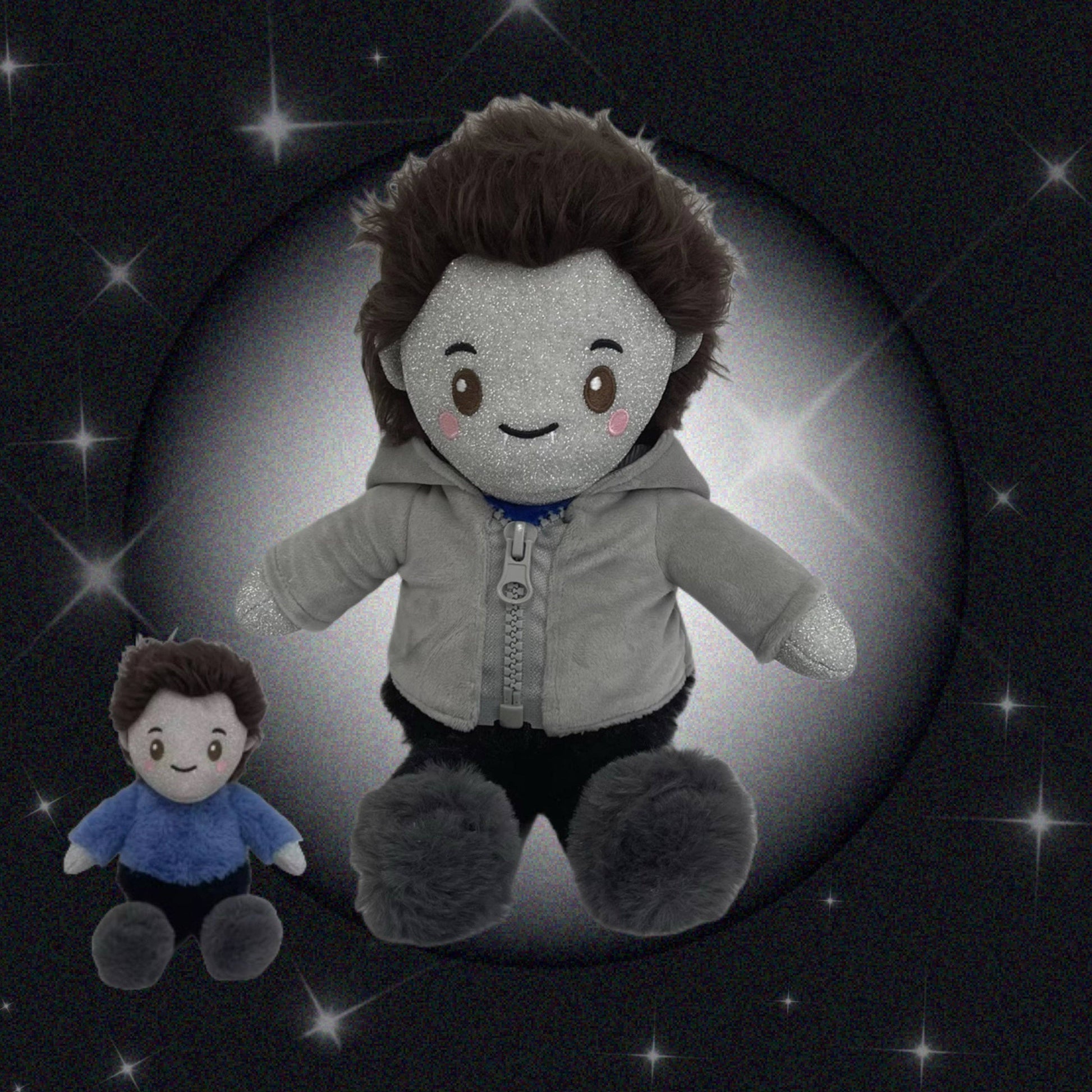 Plush toys resembling Edward from Twilight with a dark background and star-like lights